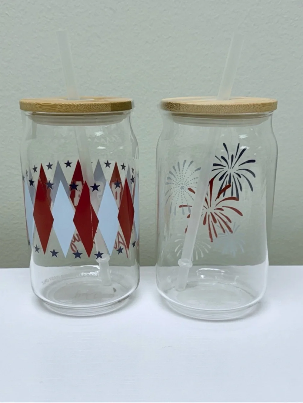 Set of 2 Patriotic Glass Tumblers with Bamboo Lid & Straws- Red White Blue